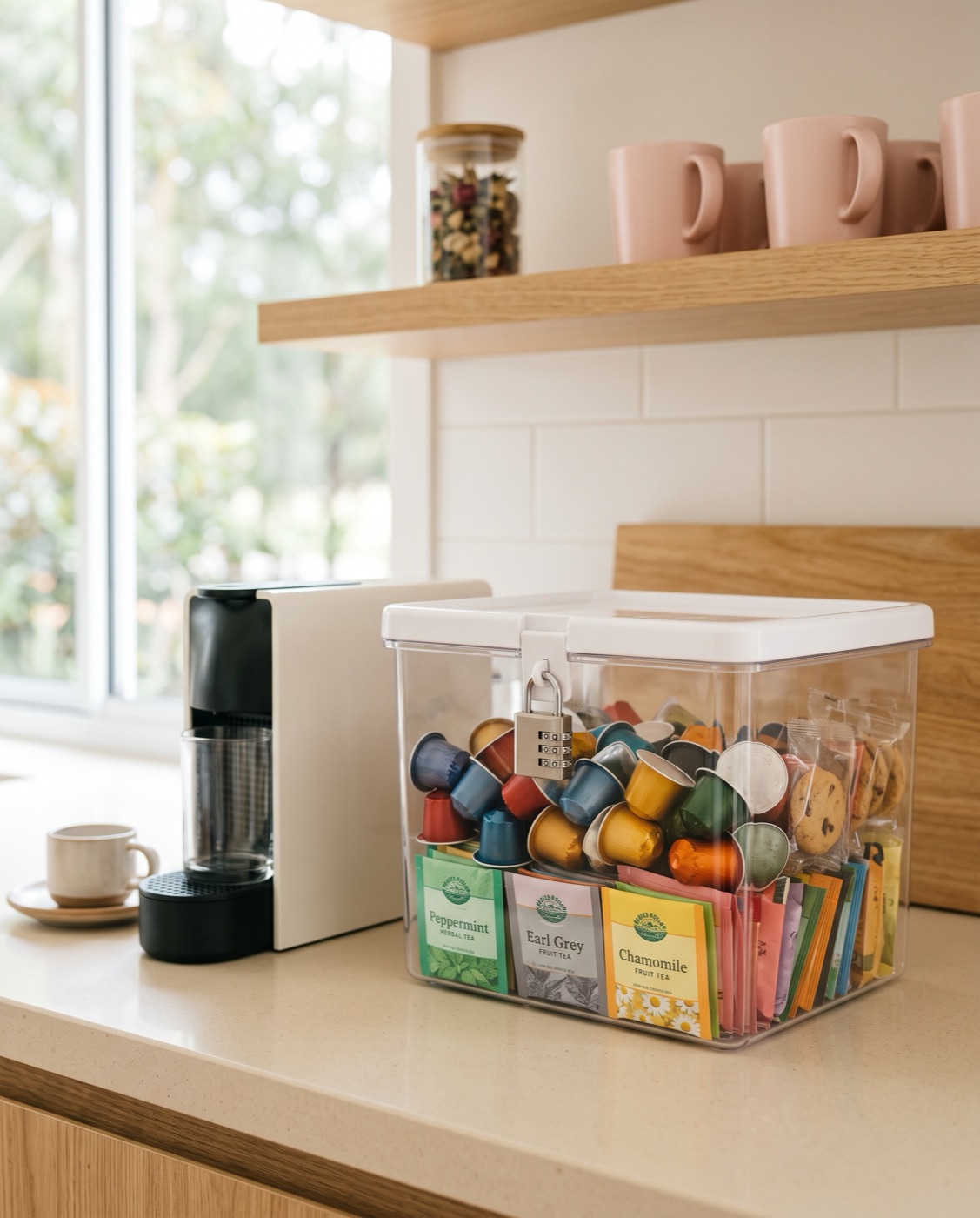 Boîte blanche remplie de capsules de café et de sachets de thé à côté d'une machine à café