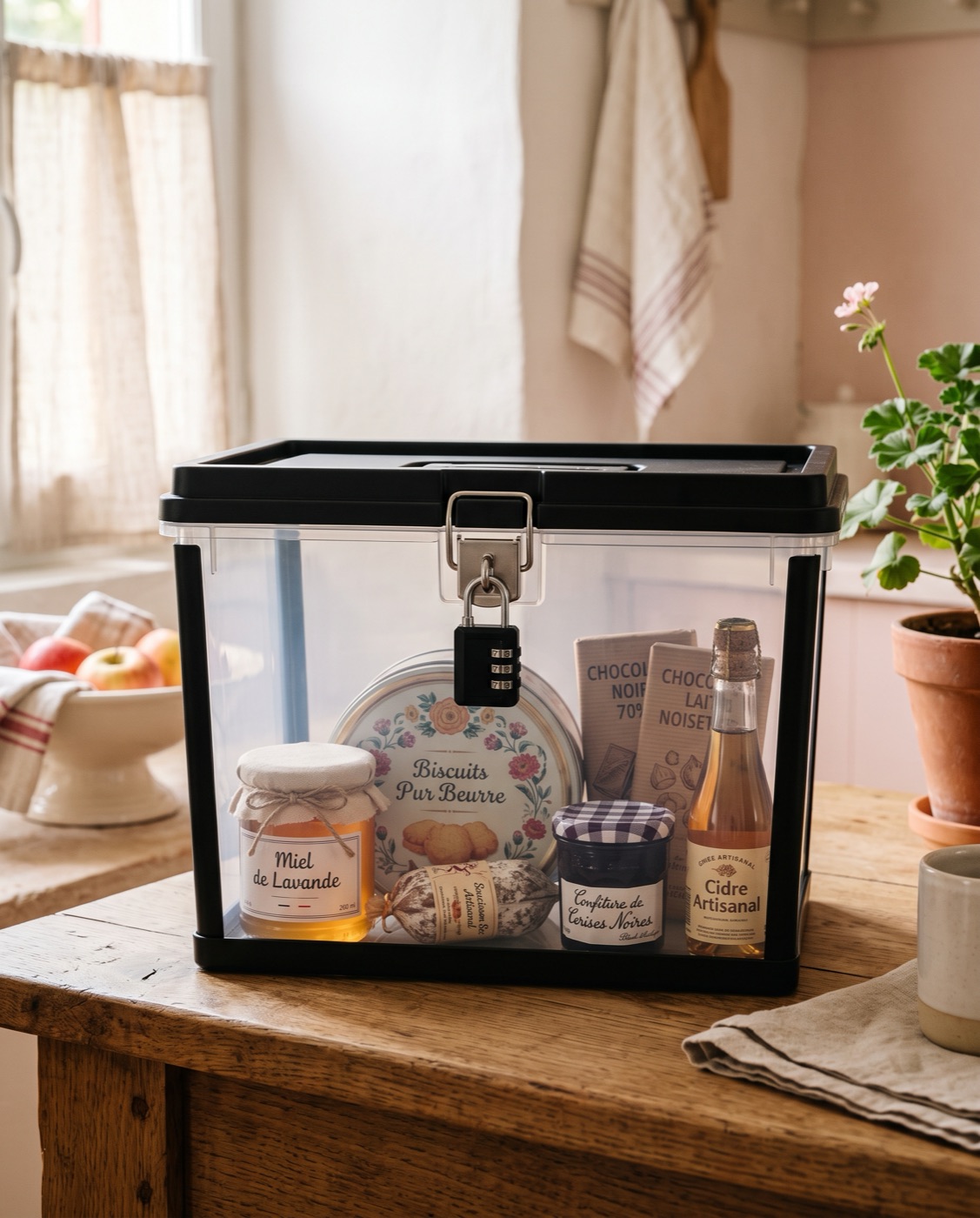 Boîte noire transparente remplie de miel, biscuits, confiture et cidre locaux