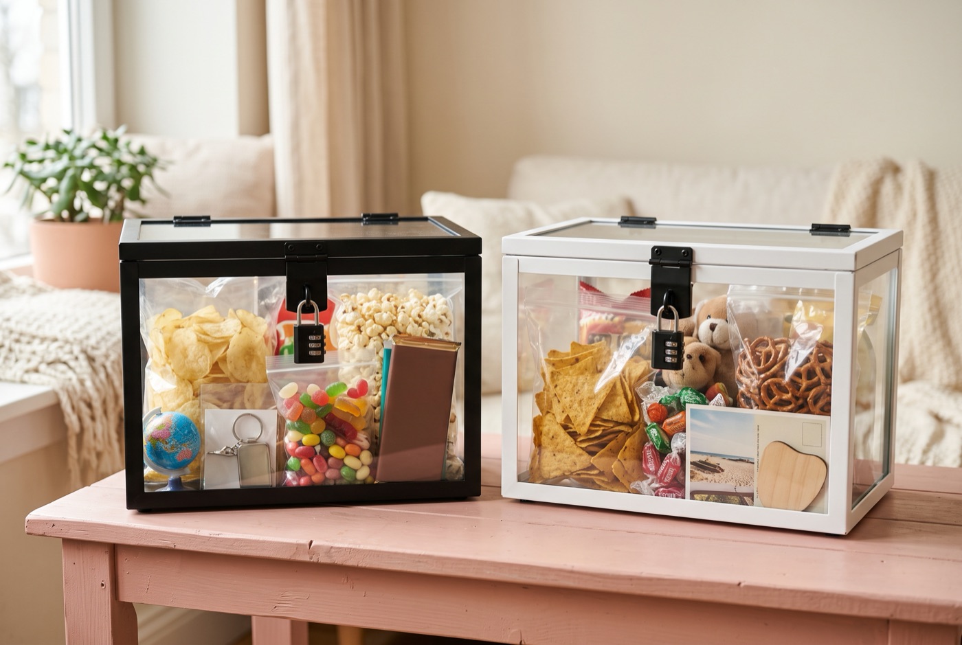 Une boîte noire et une boîte blanche remplies de snacks, bonbons et souvenirs