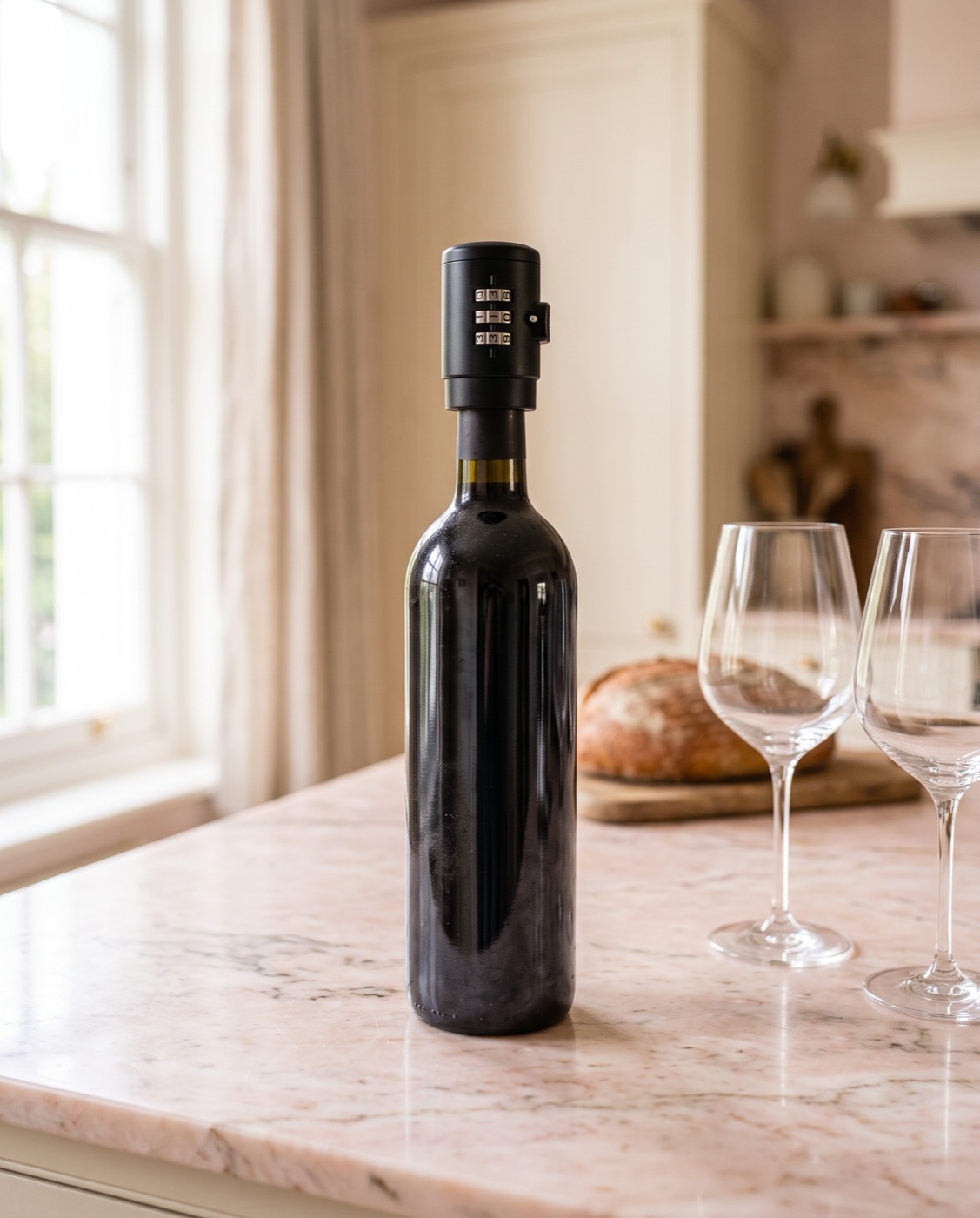 Bouteille de Bordeaux fermée par un verrou à code